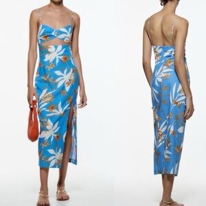 Zara Tropical Floral Blue Linen Blend Cut Out
Front Slit Dress